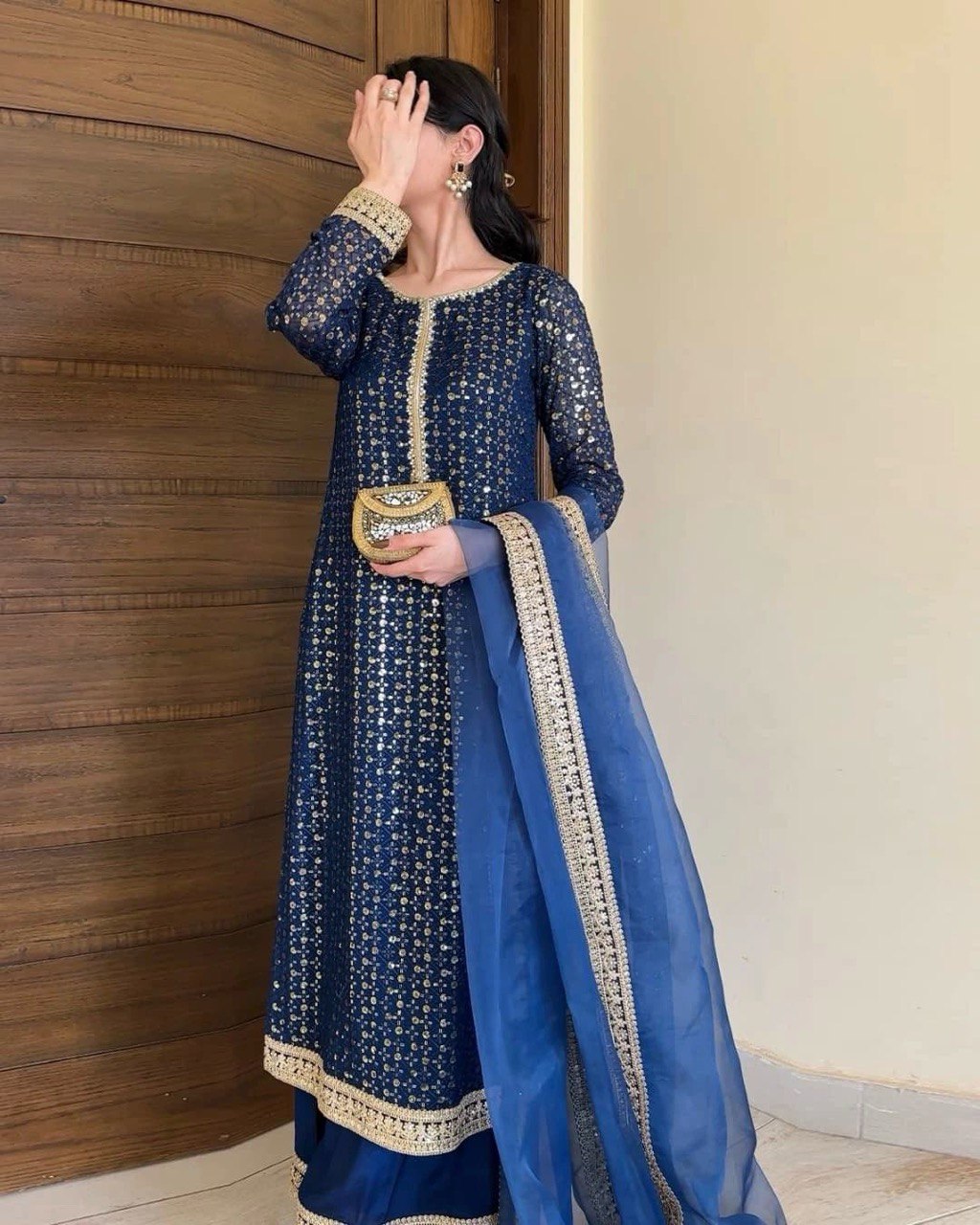 Alluring Navy Blue Color Faux Georgette And Thread With Sequence Work Salwar Suit