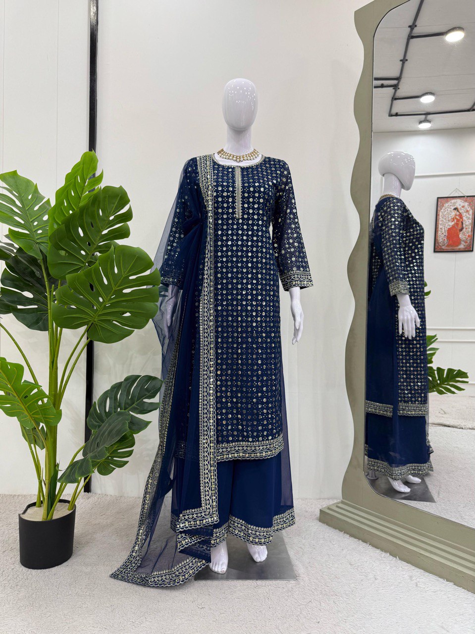 Alluring Navy Blue Color Faux Georgette And Thread With Sequence Work Salwar Suit