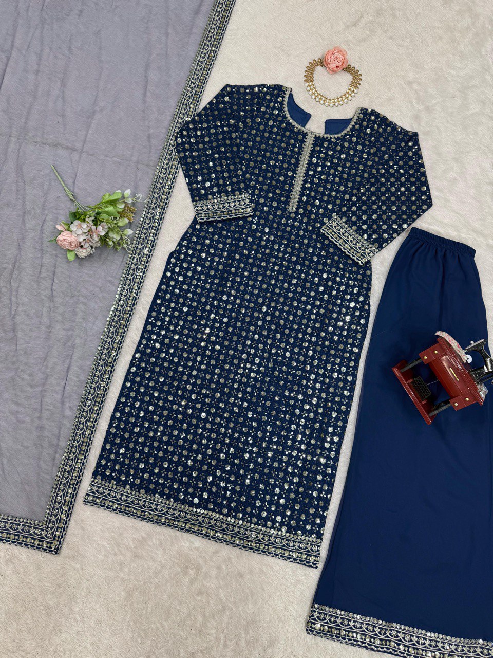 Alluring Navy Blue Color Faux Georgette And Thread With Sequence Work Salwar Suit