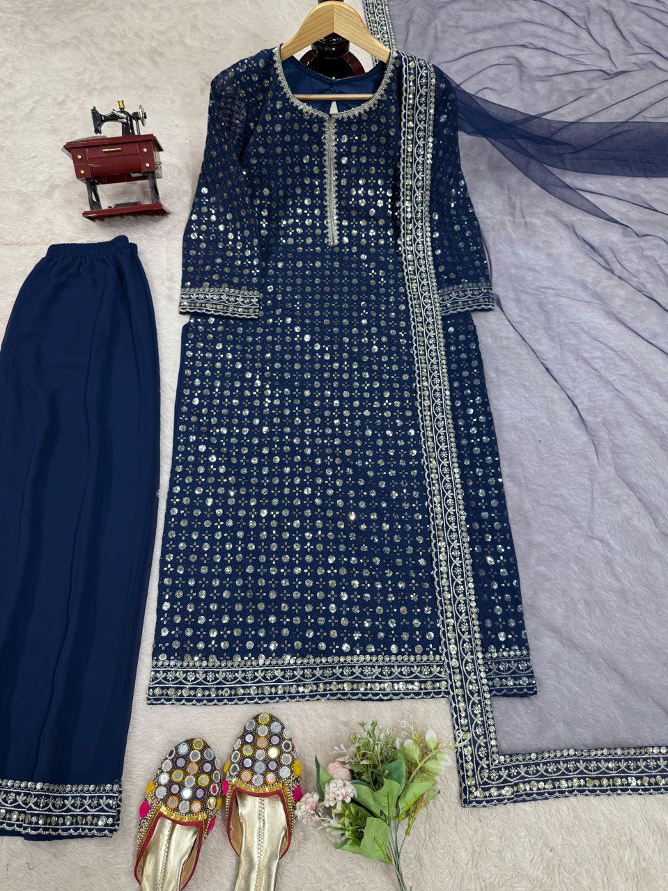 Alluring Navy Blue Color Faux Georgette And Thread With Sequence Work Salwar Suit
