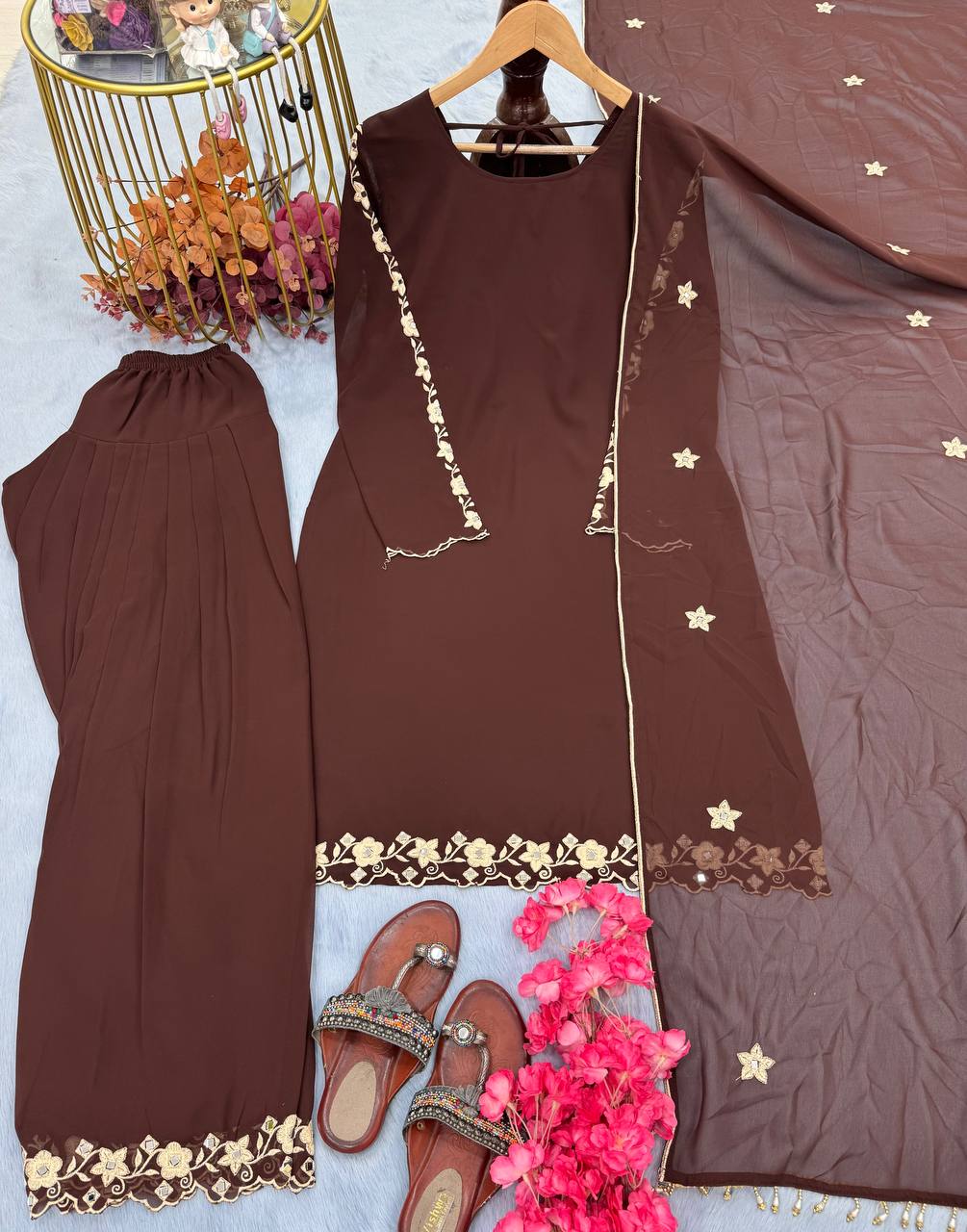 Festive Wear Brown Color Heavy Faux Georgette With Embroidery Work Palazzo Suit