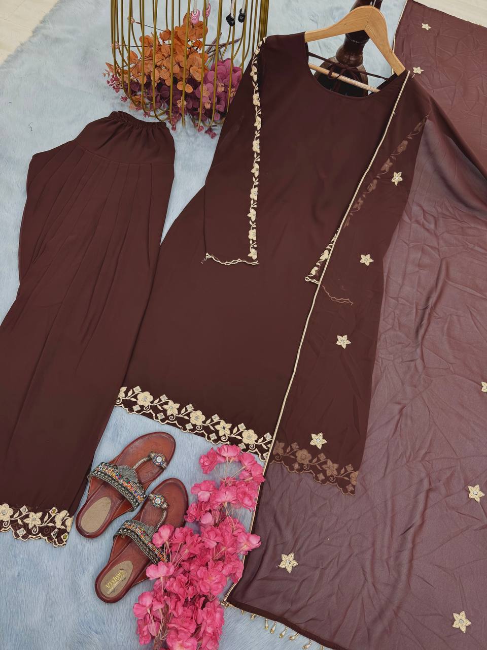 Festive Wear Brown Color Heavy Faux Georgette With Embroidery Work Palazzo Suit