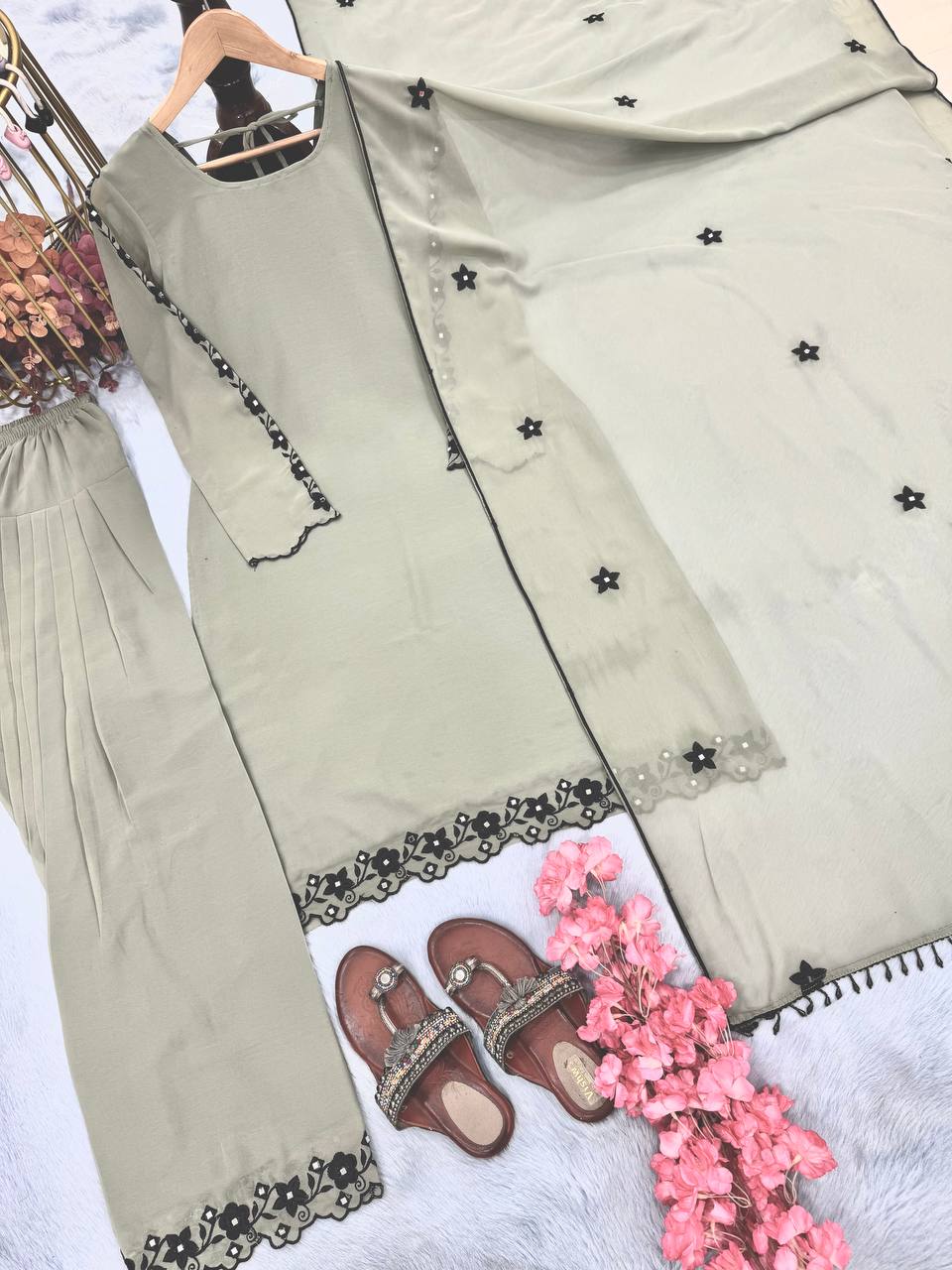 Festive Wear Cream Color Heavy Faux Georgette With Embroidery Work Palazzo Suit