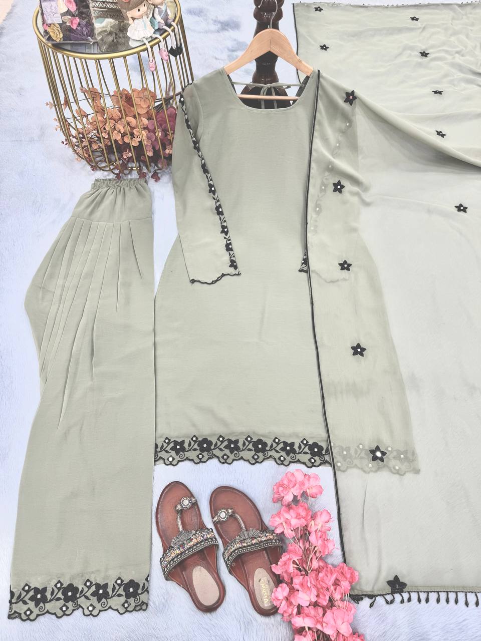 Festive Wear Cream Color Heavy Faux Georgette With Embroidery Work Palazzo Suit