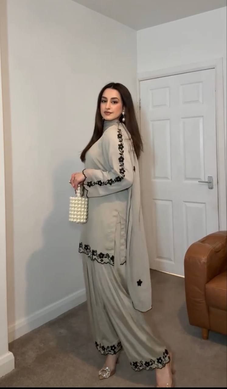 Festive Wear Cream Color Heavy Faux Georgette With Embroidery Work Palazzo Suit