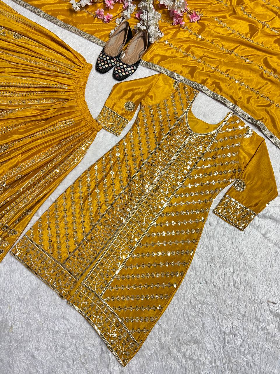 Haldi Special Yellow Color Heavy Faux Georgette With Embroidery Sequence Work Palazzo Suit