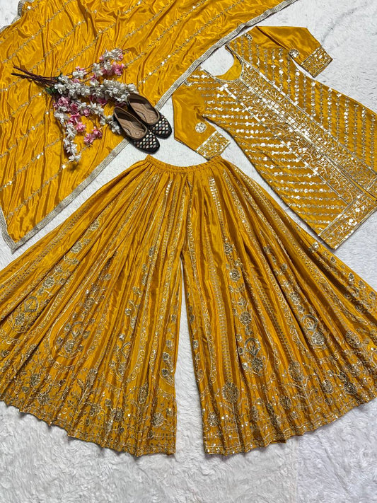 Haldi Special Yellow Color Heavy Faux Georgette With Embroidery Sequence Work Palazzo Suit