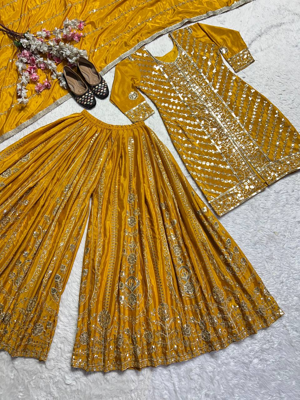 Haldi Special Yellow Color Heavy Faux Georgette With Embroidery Sequence Work Palazzo Suit