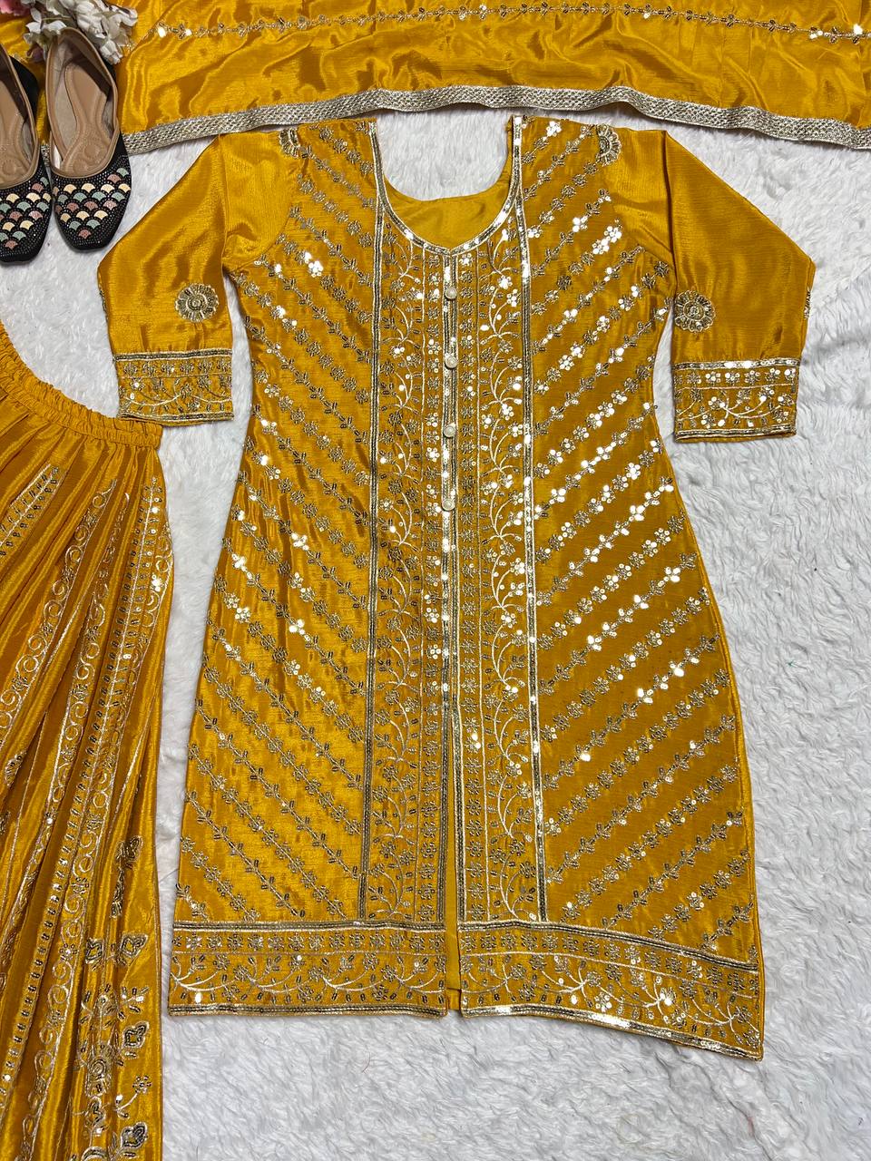 Haldi Special Yellow Color Heavy Faux Georgette With Embroidery Sequence Work Palazzo Suit