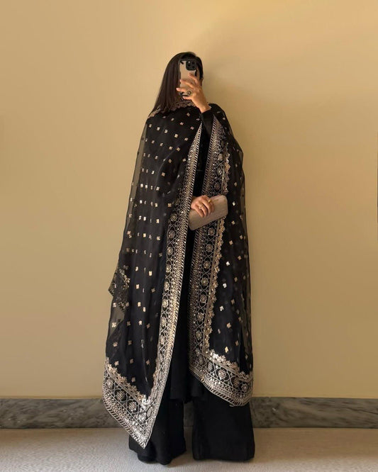 Wedding Wear Black Color Chinon Silk Suit With Thread And Sequence Work Dupatta