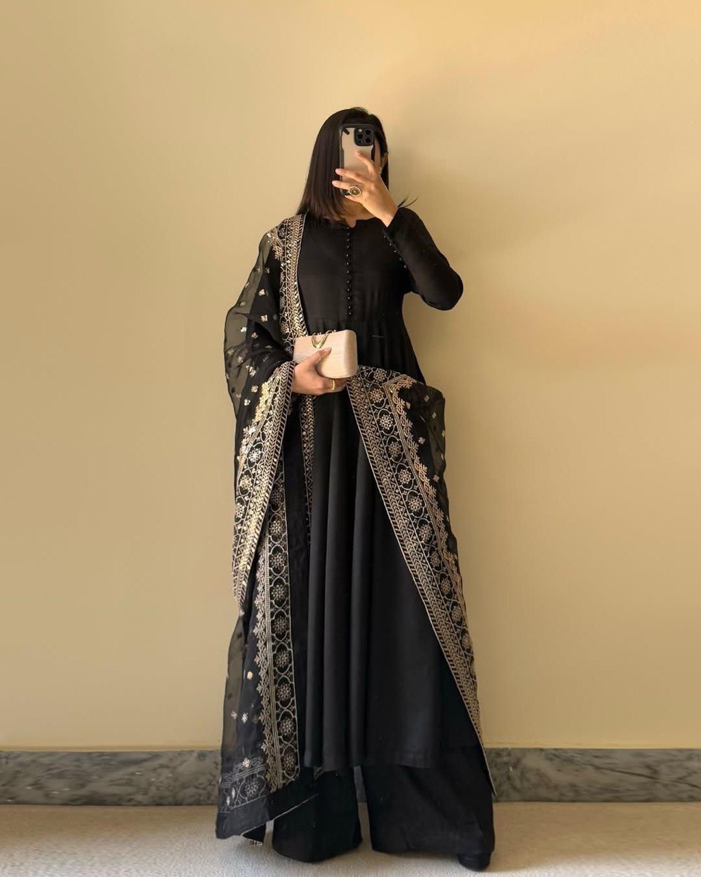 Wedding Wear Black Color Chinon Silk Suit With Thread And Sequence Work Dupatta