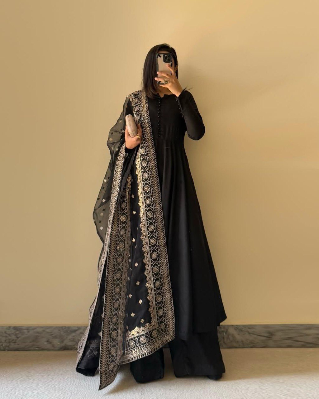 Wedding Wear Black Color Chinon Silk Suit With Thread And Sequence Work Dupatta