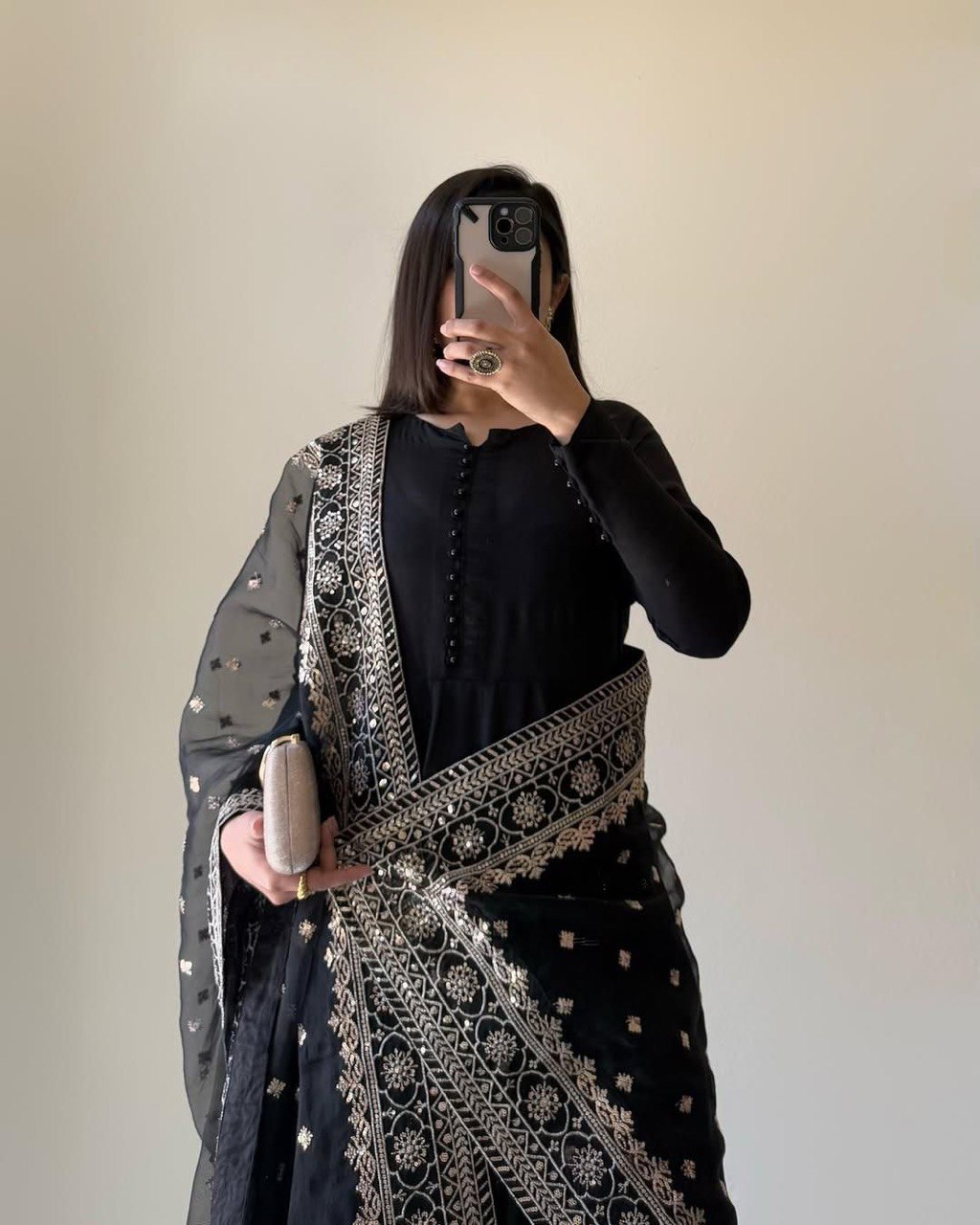 Wedding Wear Black Color Chinon Silk Suit With Thread And Sequence Work Dupatta