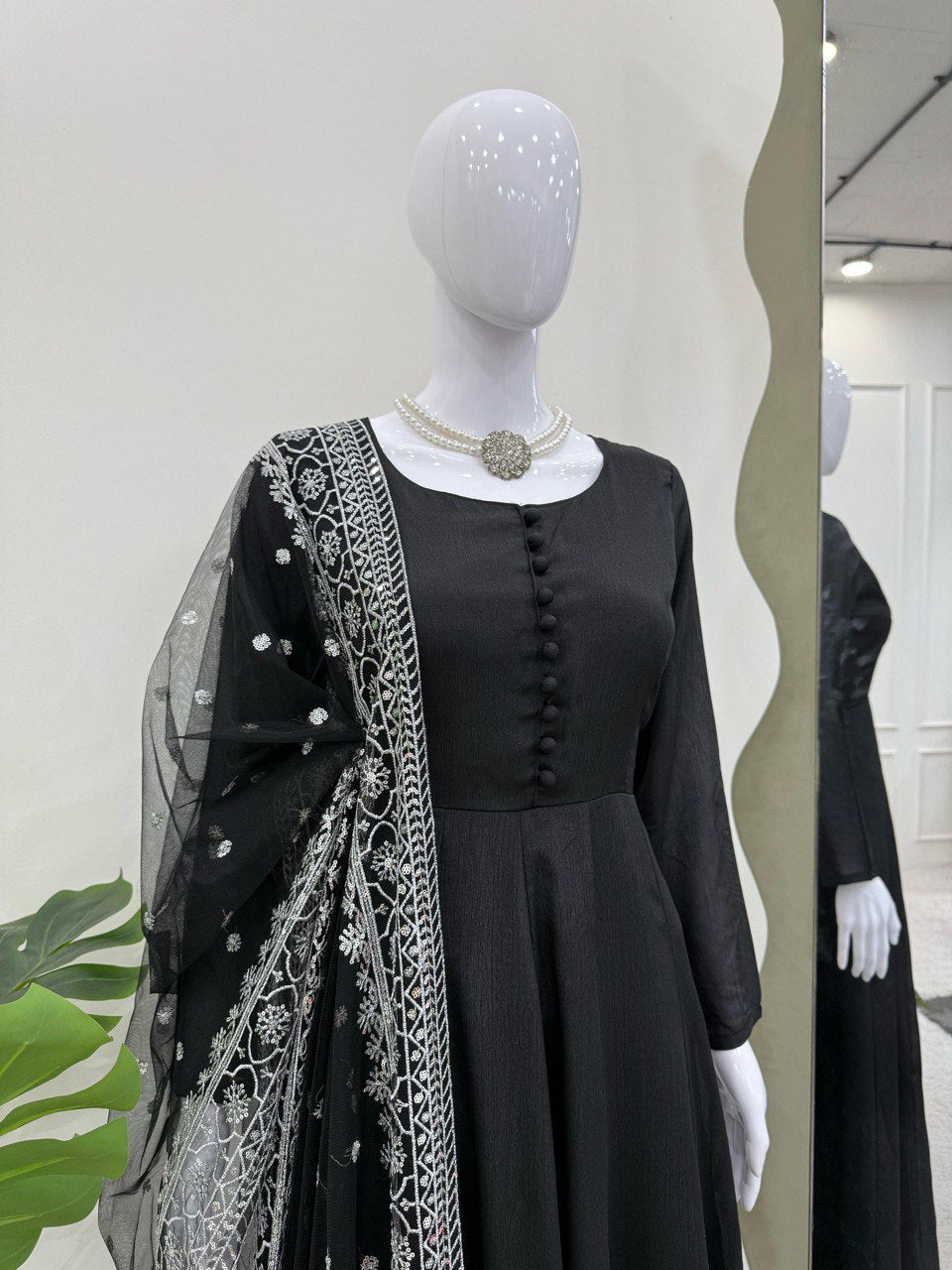 Wedding Wear Black Color Chinon Silk Suit With Thread And Sequence Work Dupatta