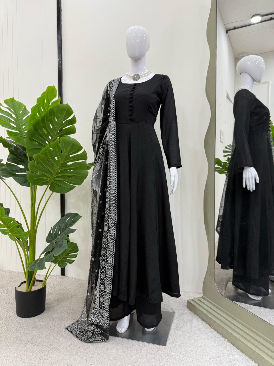 Wedding Wear Black Color Chinon Silk Suit With Thread And Sequence Work Dupatta
