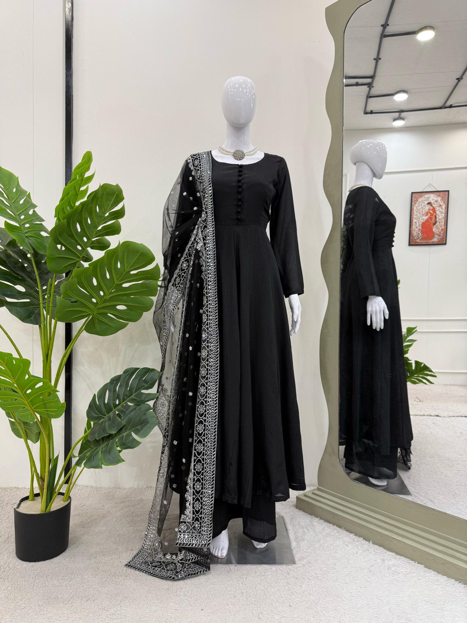 Wedding Wear Black Color Chinon Silk Suit With Thread And Sequence Work Dupatta