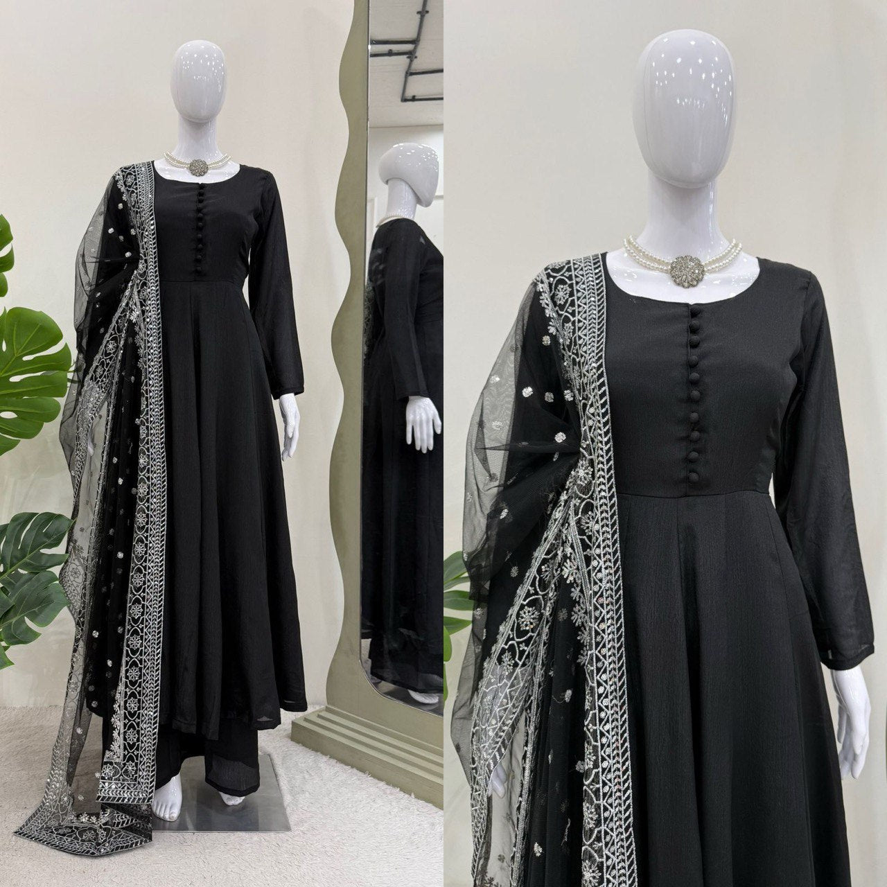 Wedding Wear Black Color Chinon Silk Suit With Thread And Sequence Work Dupatta