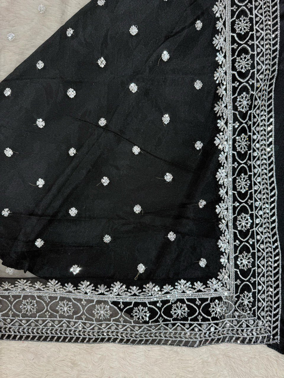 Wedding Wear Black Color Chinon Silk Suit With Thread And Sequence Work Dupatta