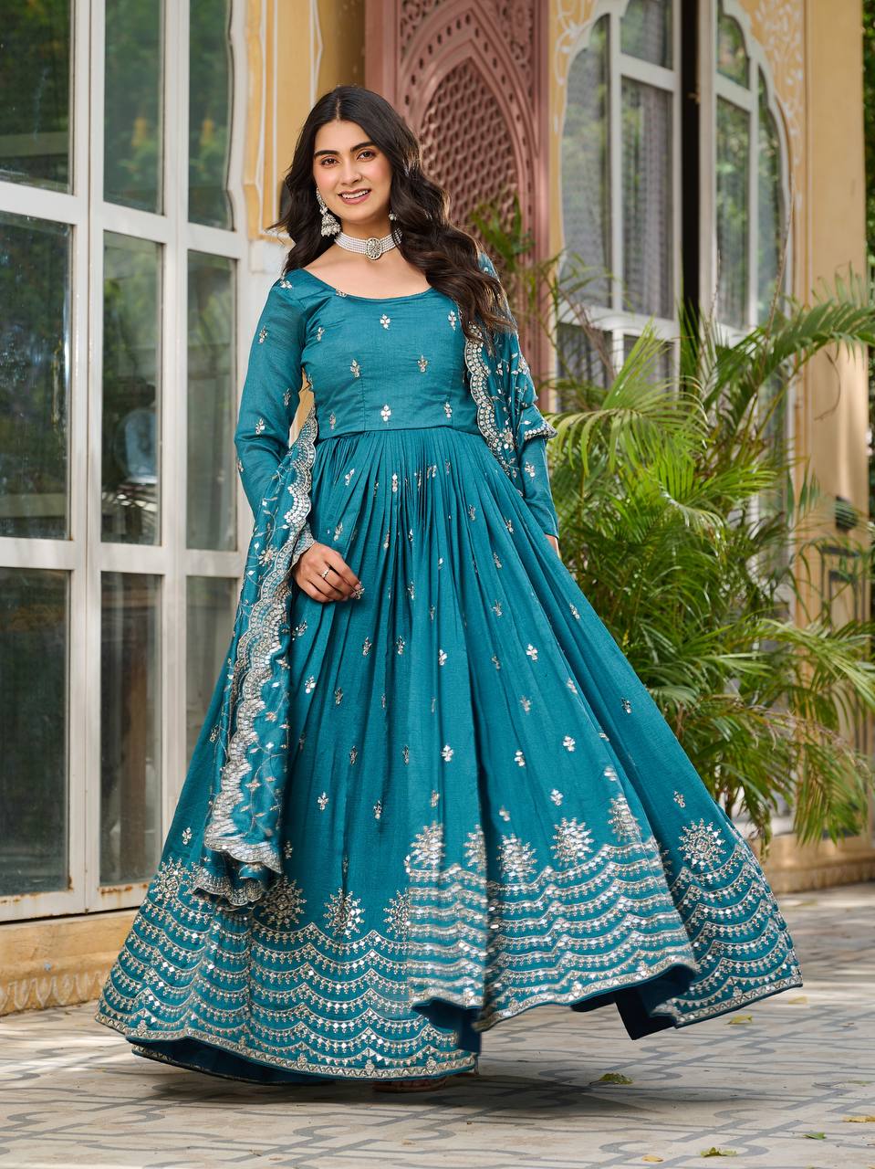 Wedding Wear Teal Green Color Pure Vichitra Silk And Sequence Embroidery Work Gown