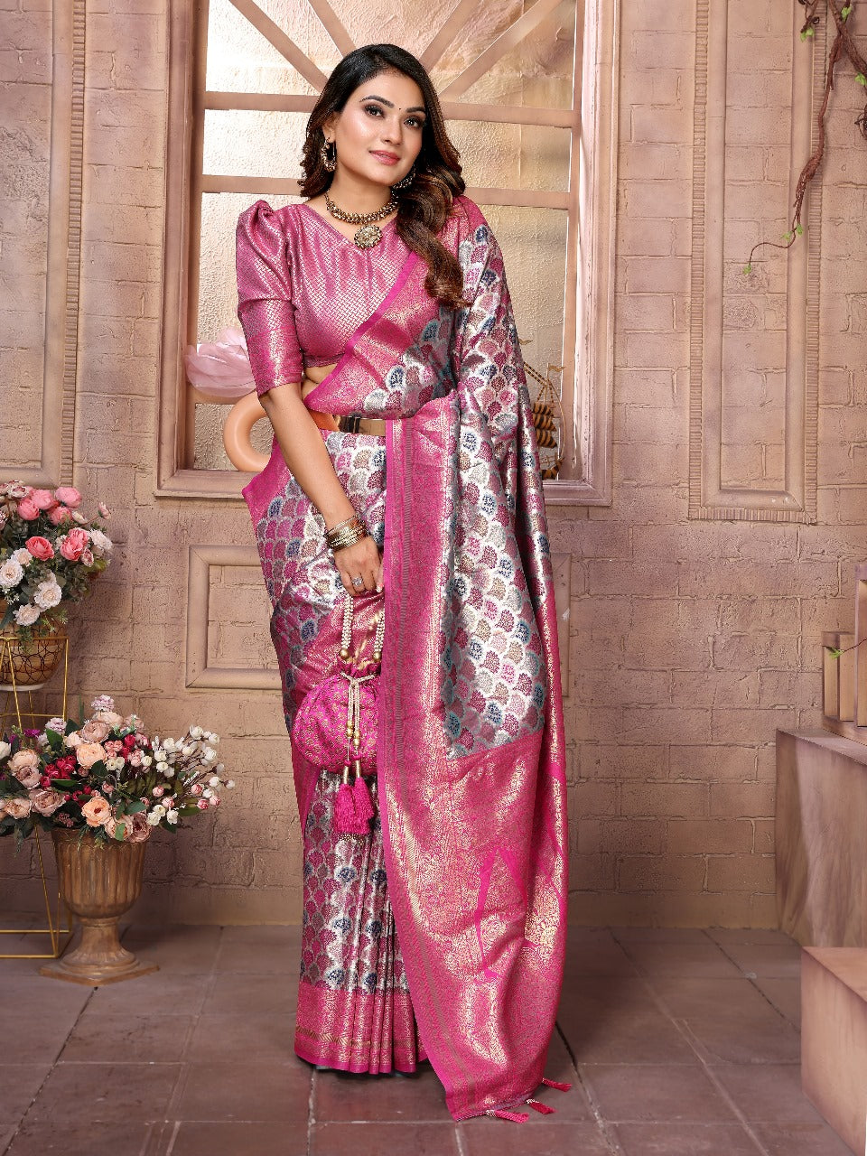 Beautiful Festival Wear Grey Color Zari Weaving Border And Weaving Rich Pallu Banarasi Chaturi Silk Saree