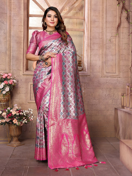 Beautiful Festival Wear Grey Color Zari Weaving Border And Weaving Rich Pallu Banarasi Chaturi Silk Saree
