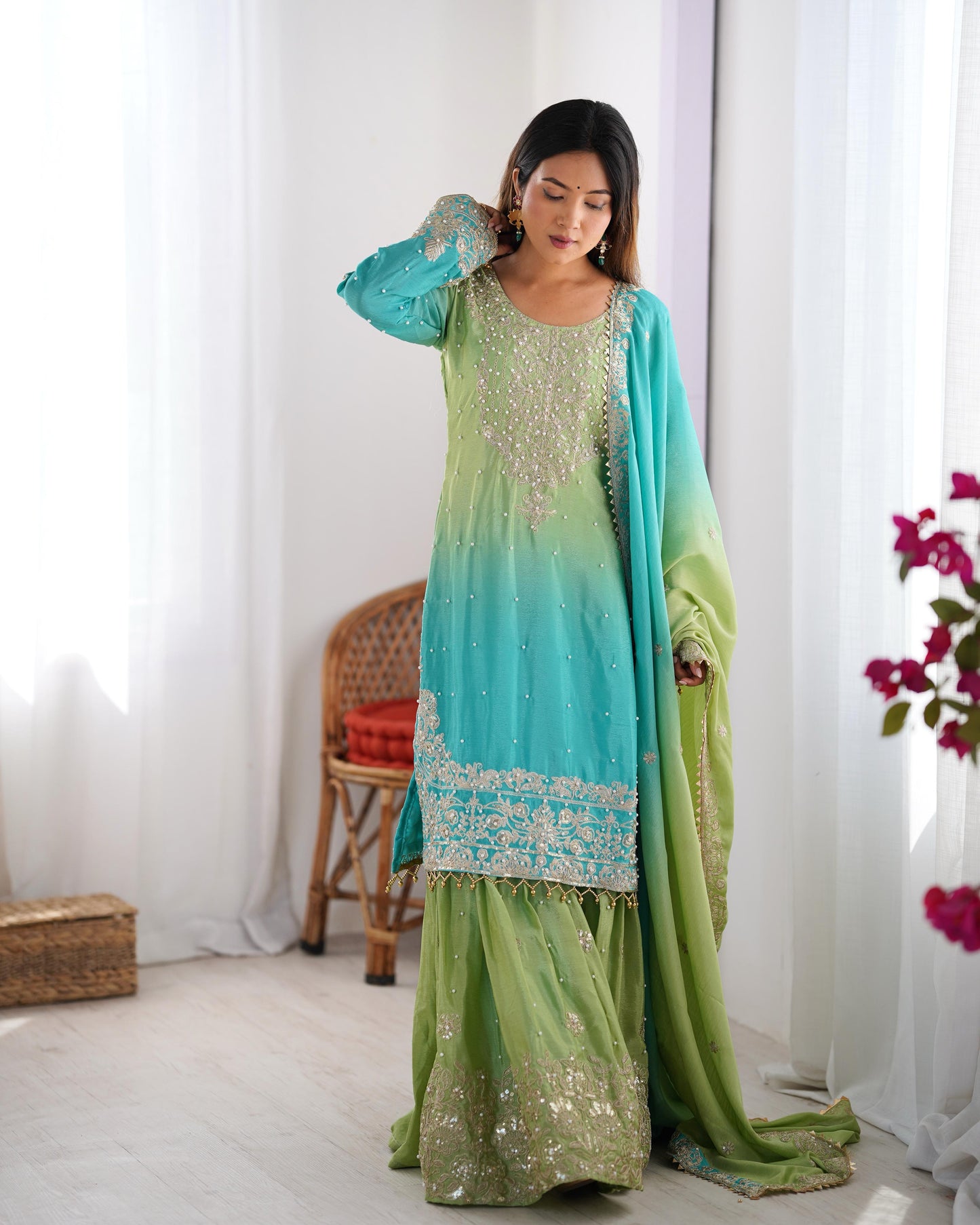 Attractive Sky Blue And Green Color Chinon Silk And Coding Dori With Sequence With Rivet Moti Beautiful Sharara Suit