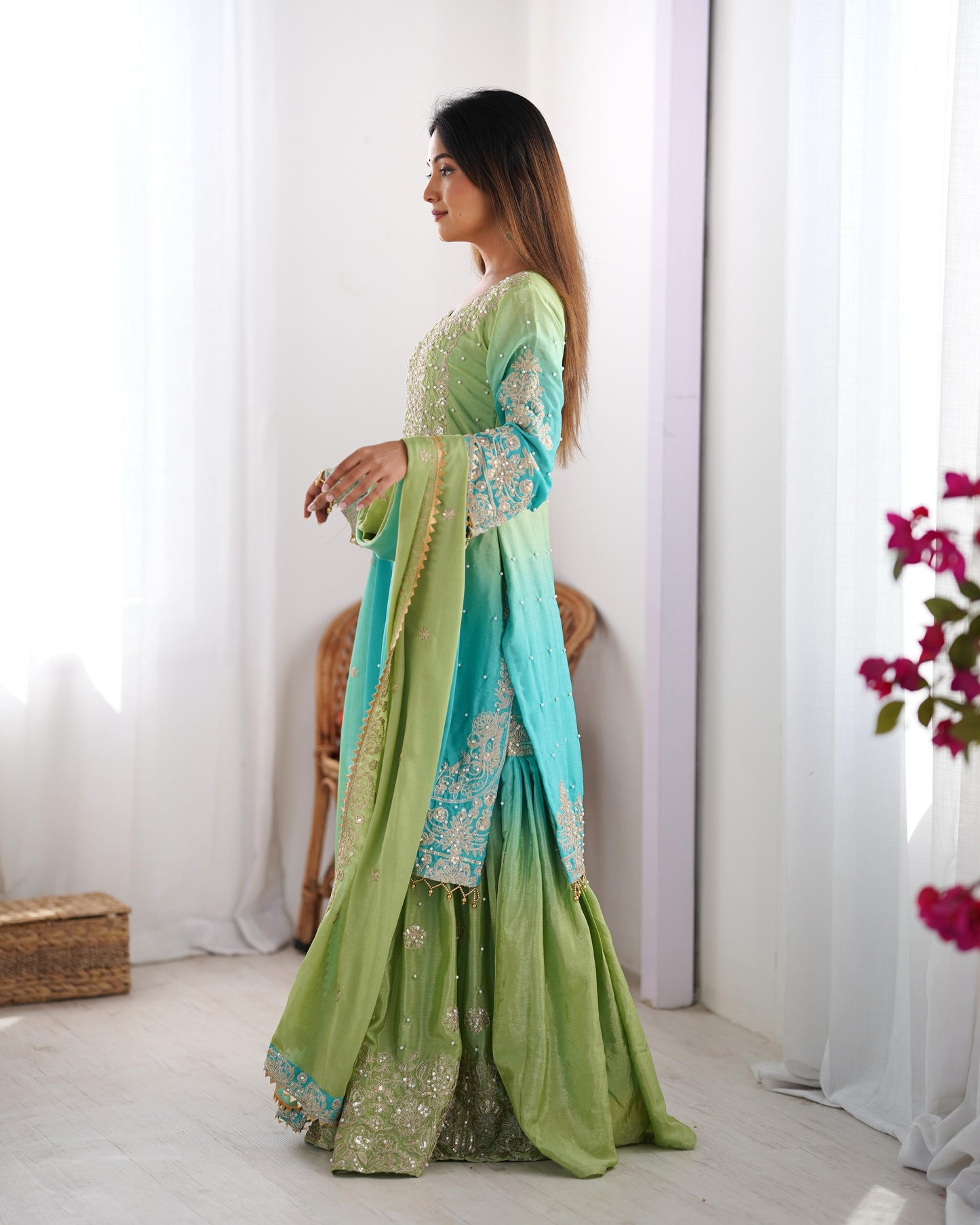 Attractive Sky Blue And Green Color Chinon Silk And Coding Dori With Sequence With Rivet Moti Beautiful Sharara Suit