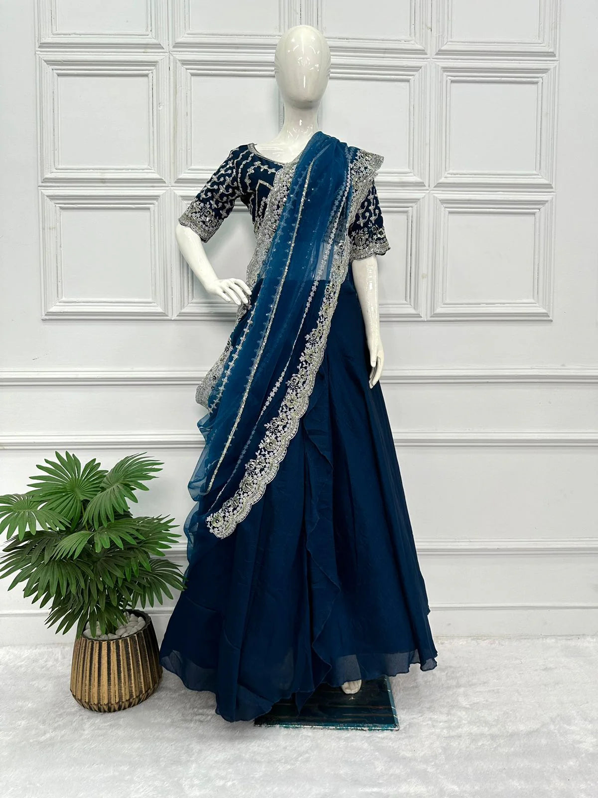 Beautiful Designer Blue Color Vichitra Ready To Wear Lehenga Saree