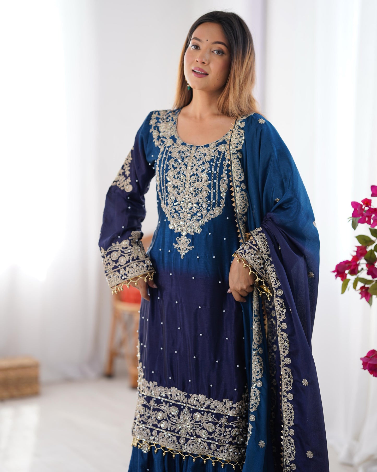 Party Navy Blue Color Chinon Silk And Coding Dori With Sequence With Rivet Moti Beautiful Sharara Suit