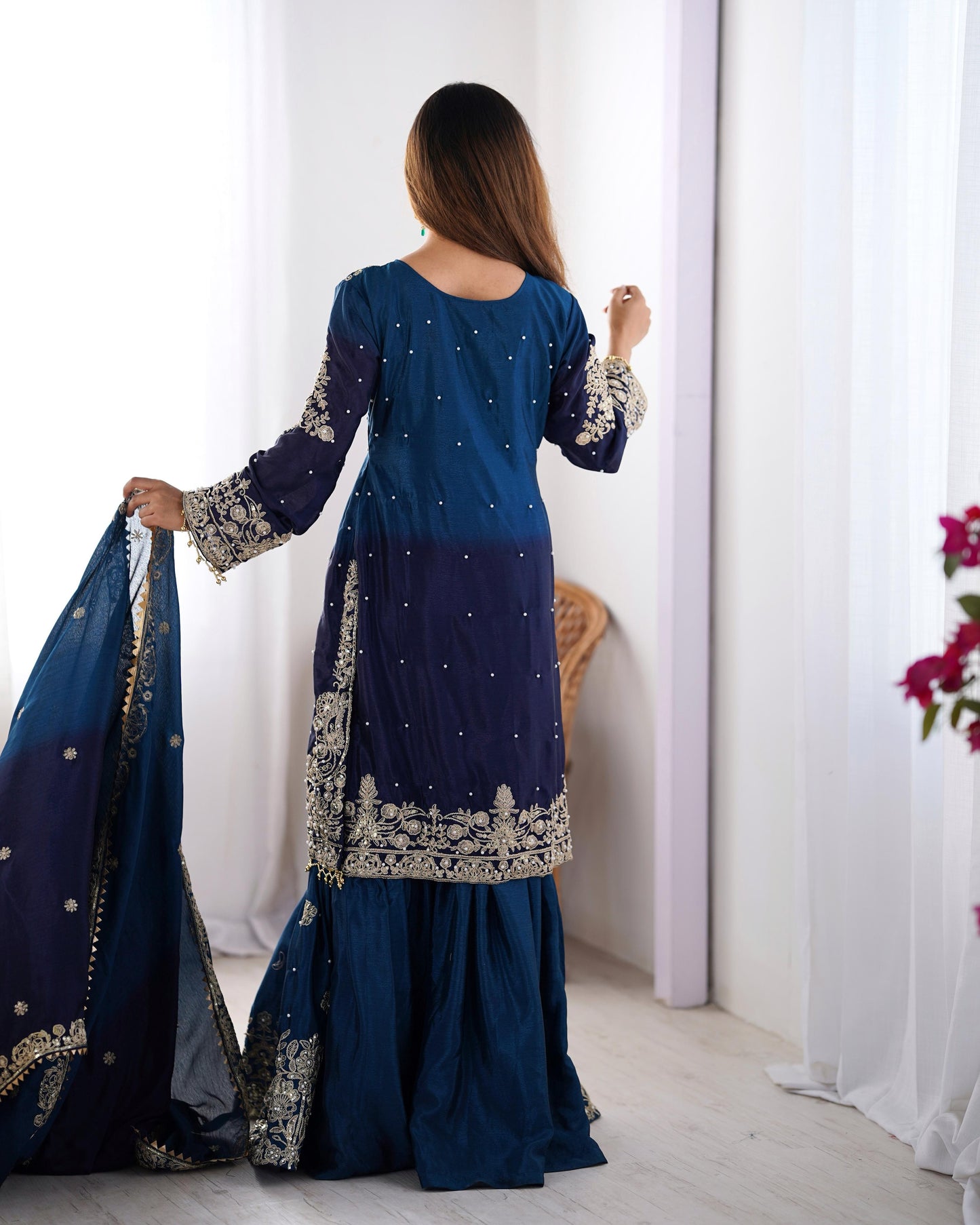 Party Navy Blue Color Chinon Silk And Coding Dori With Sequence With Rivet Moti Beautiful Sharara Suit