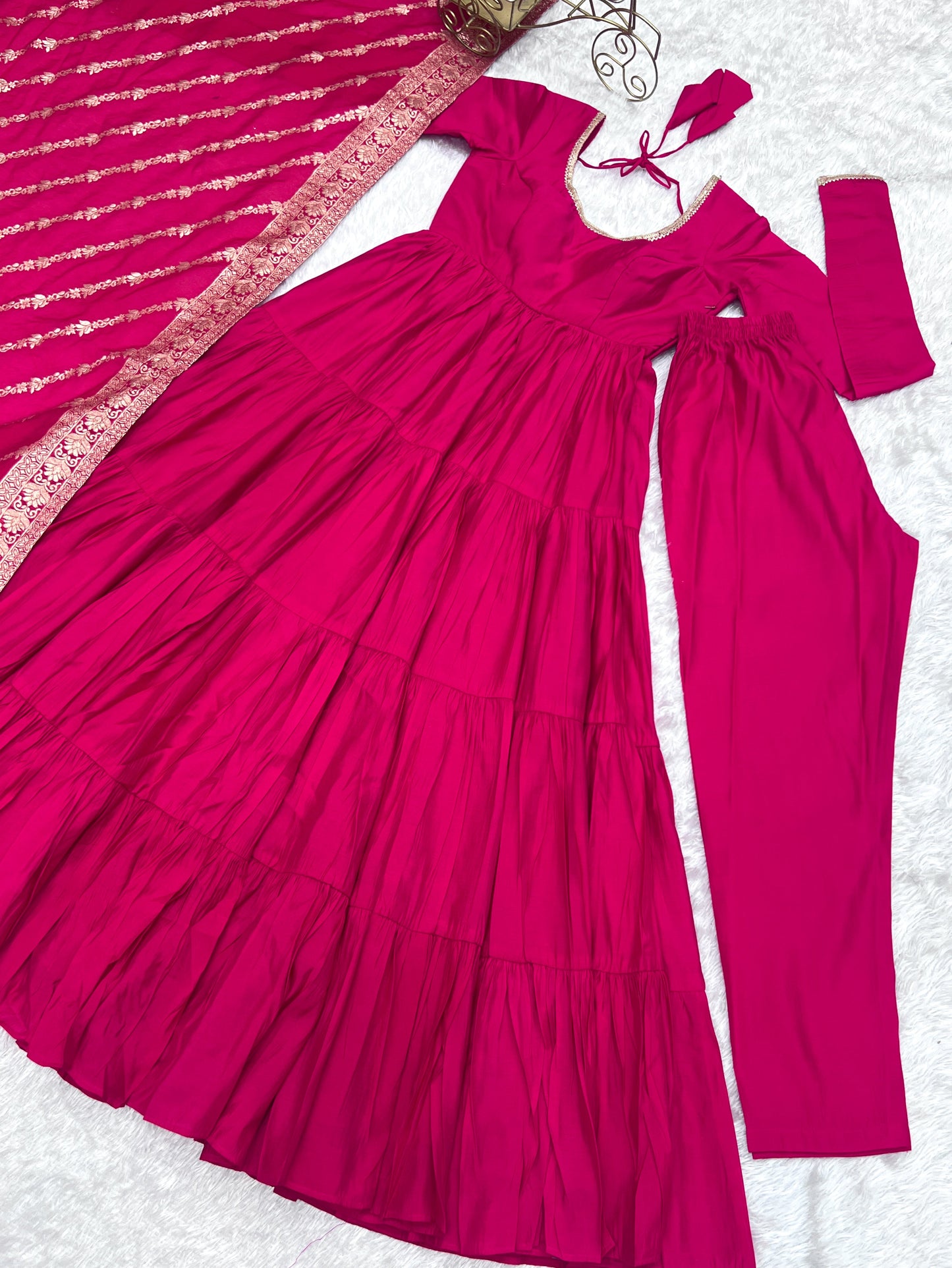 Presenting Pink Color Pure Roman Silk Chanderi Fabric Fully Flair Anarkali Gown With Dupatta