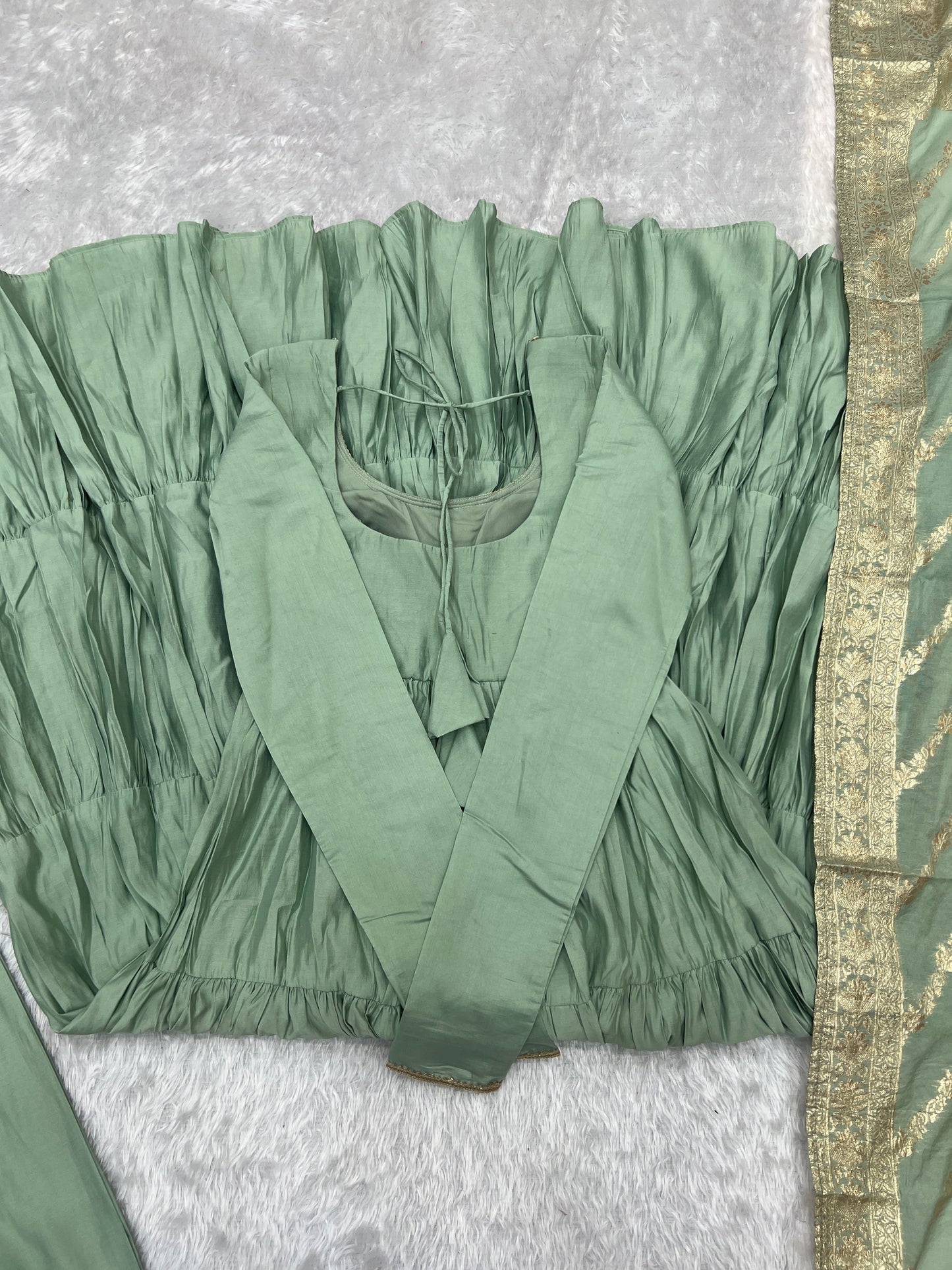 Elegant Pista Color Pure Roman Silk Chanderi Fabric Fully Flair Anarkali Gown With Dupatta