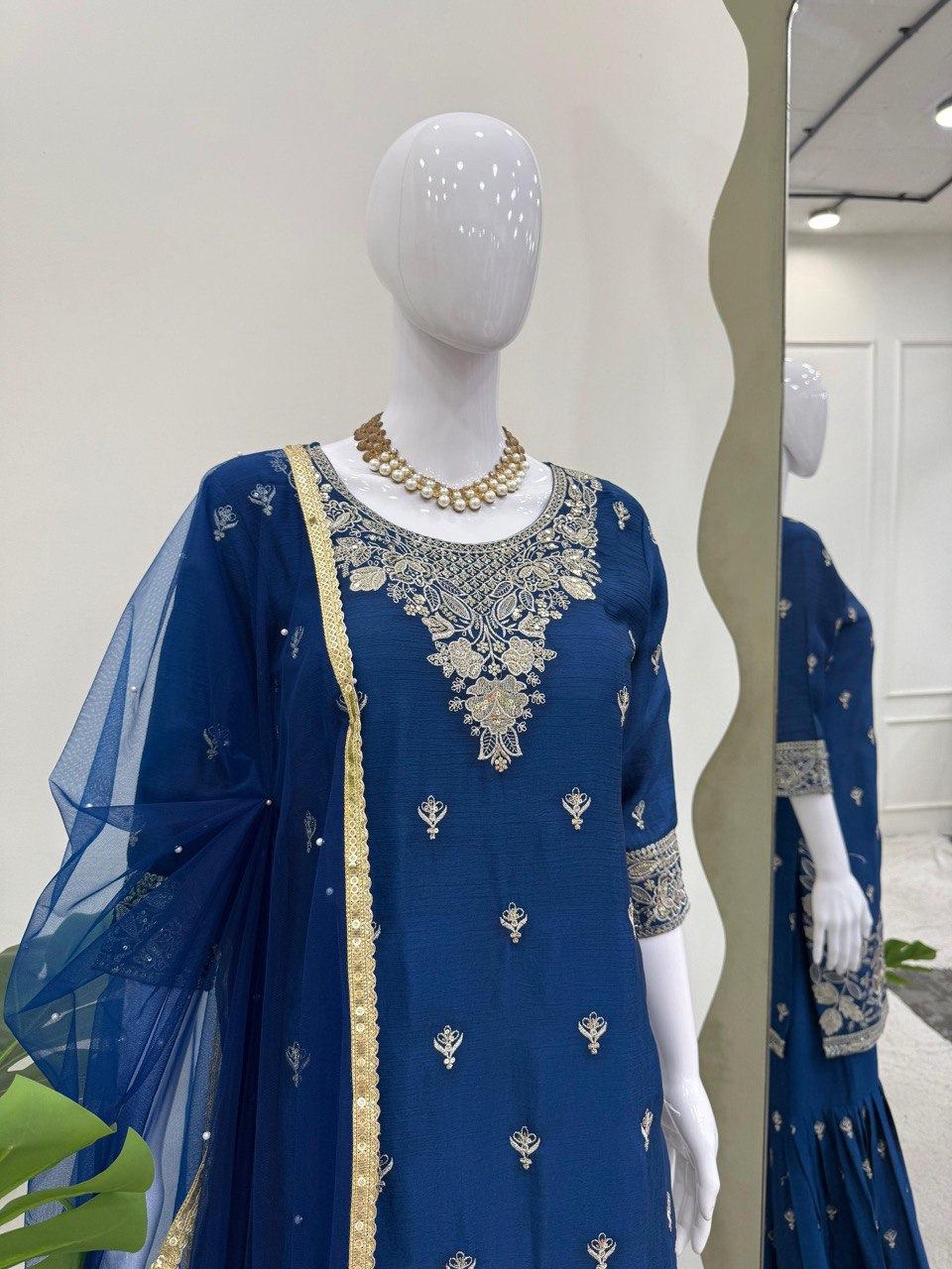 Party Wear Blue Color Heavy Chinon Thread With Sequence Work Sharara Suit