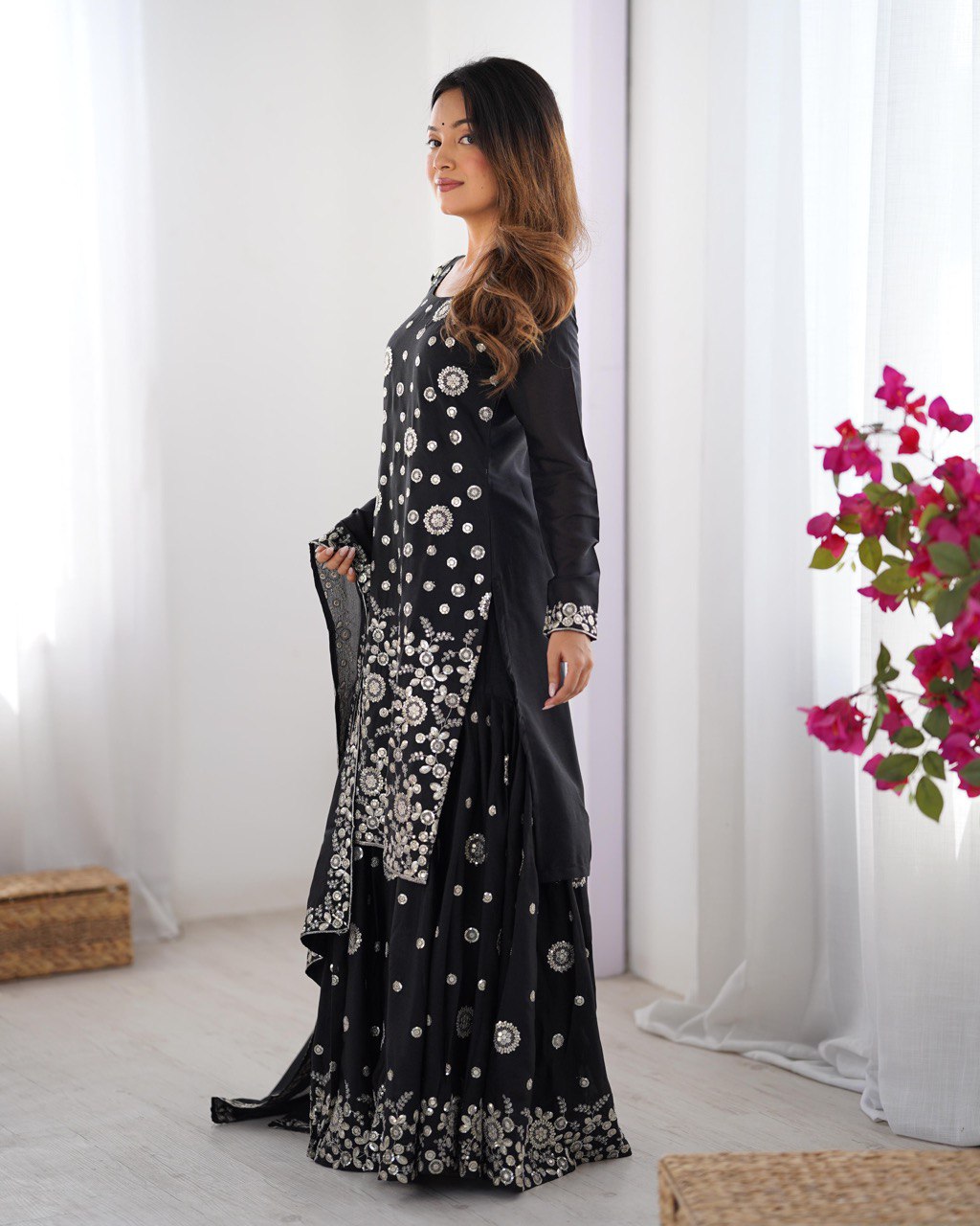 Ceremony Wear Black Star Georgette Thread With Sequence Work Sharara Suit