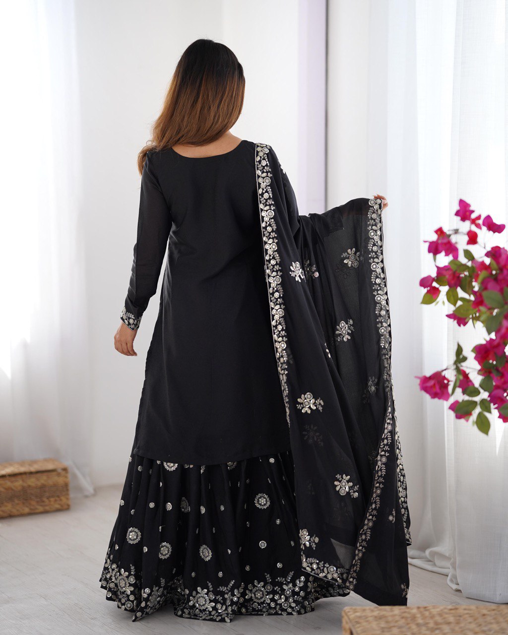 Ceremony Wear Black Star Georgette Thread With Sequence Work Sharara Suit