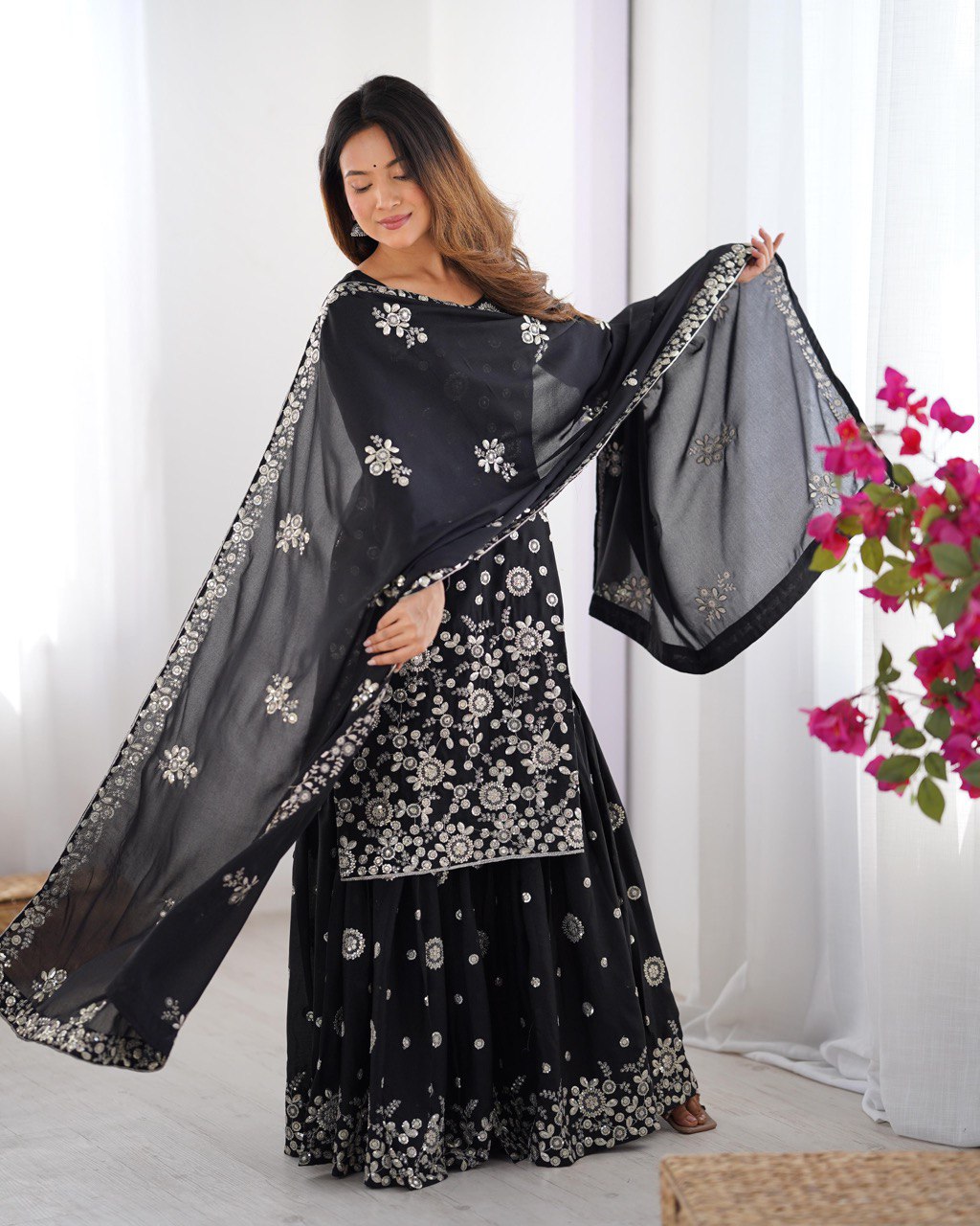 Ceremony Wear Black Star Georgette Thread With Sequence Work Sharara Suit