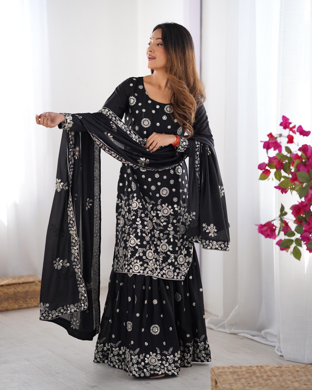 Ceremony Wear Black Star Georgette Thread With Sequence Work Sharara Suit