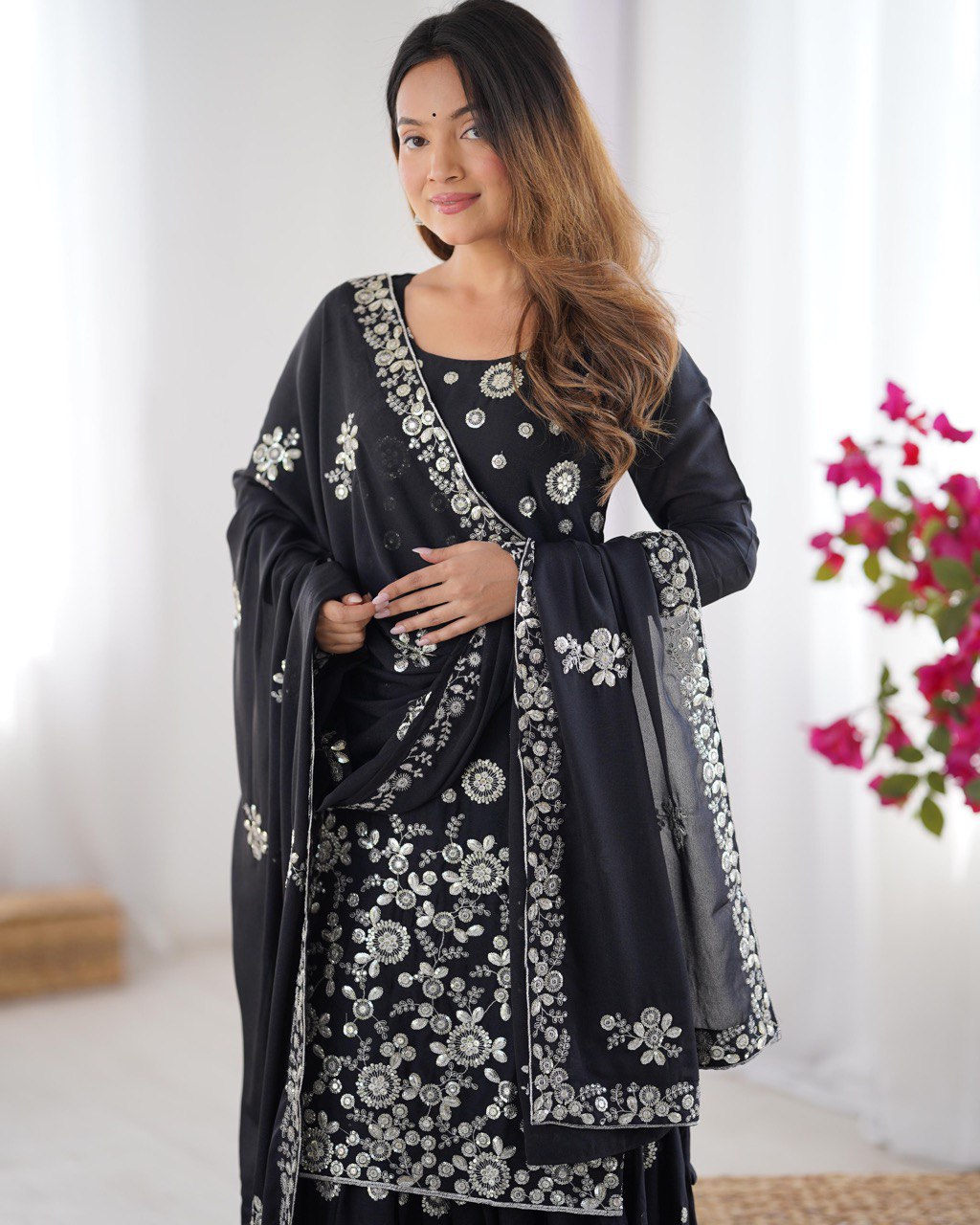 Ceremony Wear Black Star Georgette Thread With Sequence Work Sharara Suit