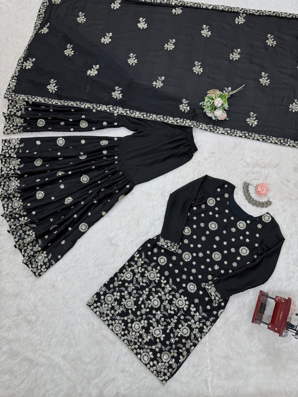 Ceremony Wear Black Star Georgette Thread With Sequence Work Sharara Suit