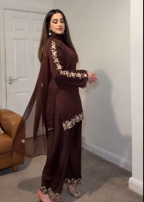 Festive Wear Brown Color Heavy Faux Georgette With Embroidery Work Palazzo Suit