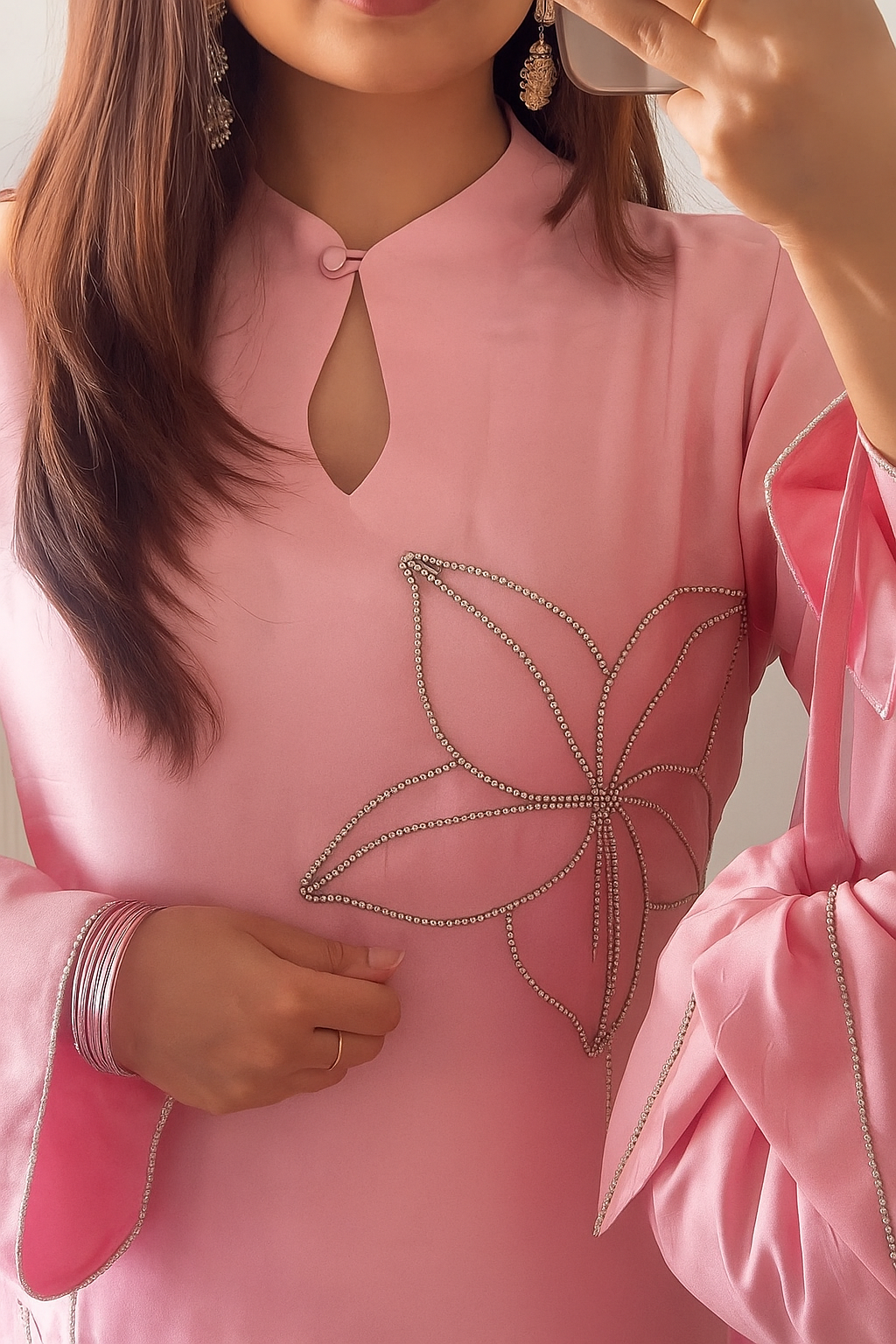 Beautiful Light Pink Color Jharkhand Diamond Work Crepe Silk Suit Set β Fully Stitched Top, Farshi Pant & Dupatta