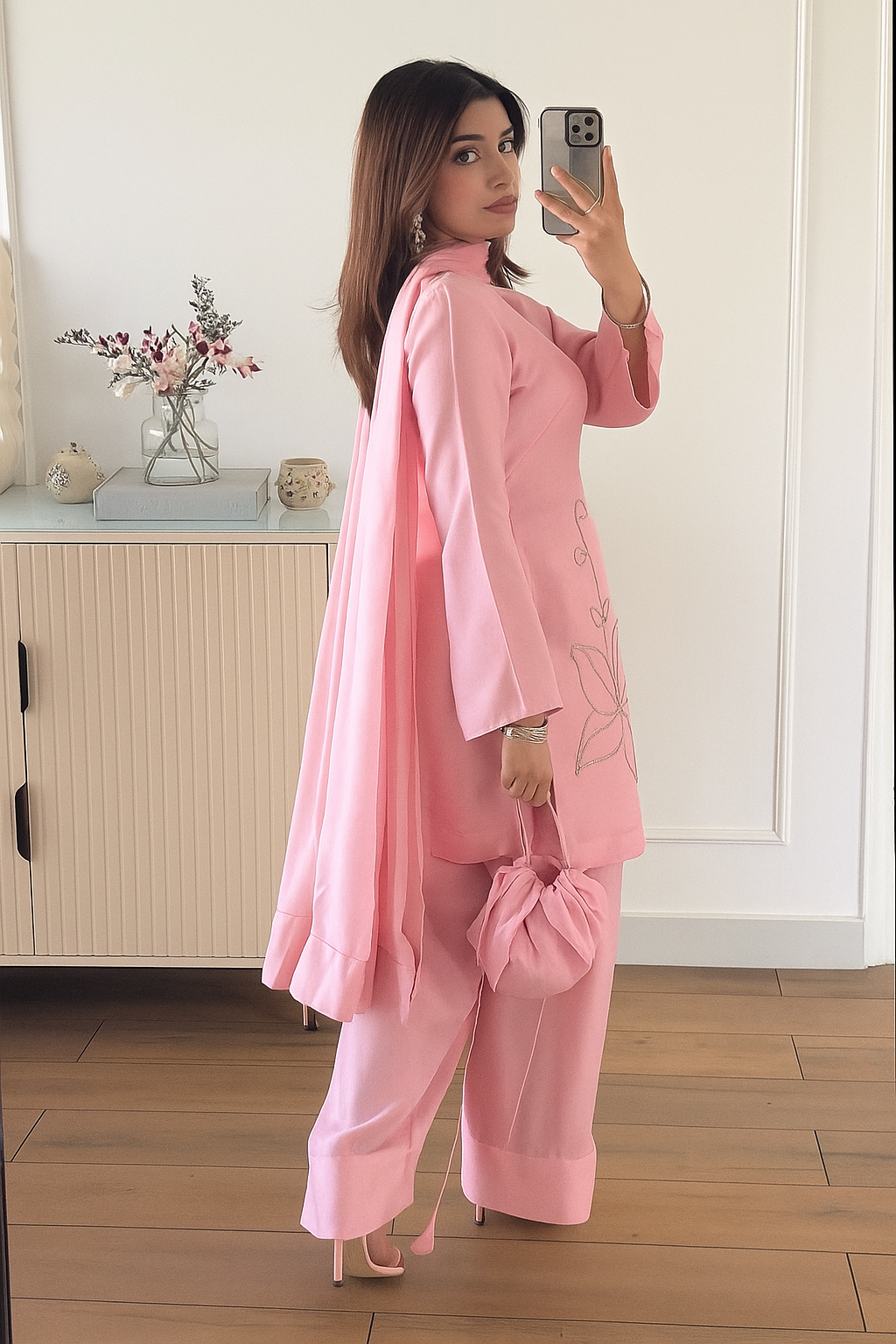 Beautiful Light Pink Color Jharkhand Diamond Work Crepe Silk Suit Set β Fully Stitched Top, Farshi Pant & Dupatta