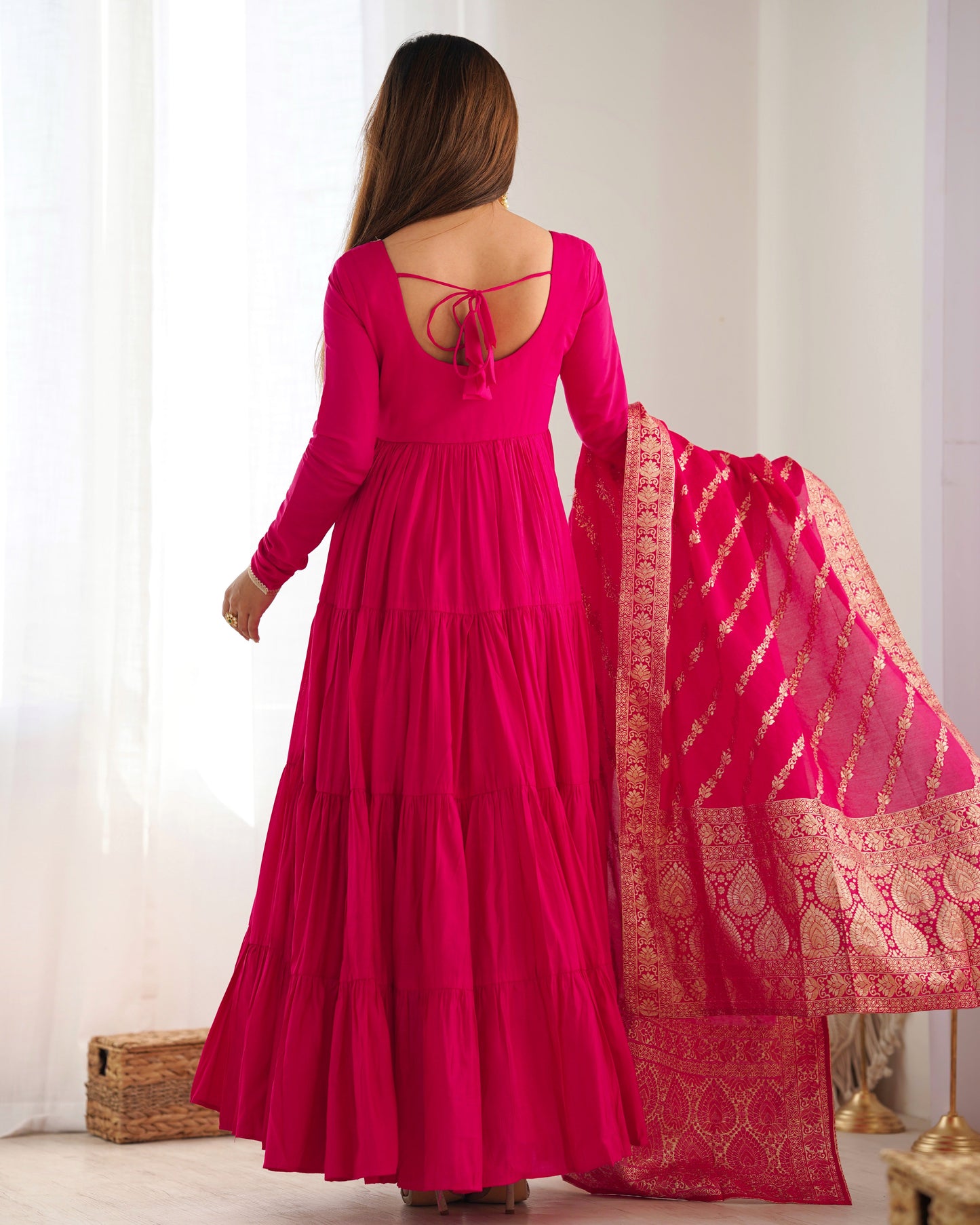 Presenting Pink Color Pure Roman Silk Chanderi Fabric Fully Flair Anarkali Gown With Dupatta