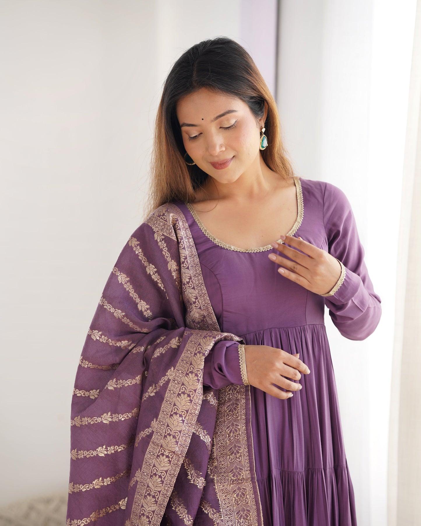 Blissful Purple Color Pure Roman Silk Chanderi Fabric Fully Flair Anarkali Gown With Dupatta