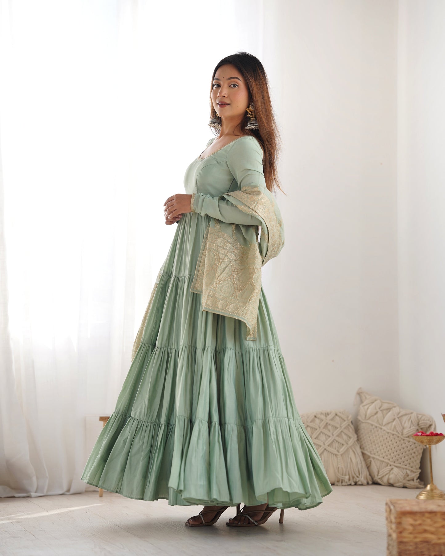 Elegant Pista Color Pure Roman Silk Chanderi Fabric Fully Flair Anarkali Gown With Dupatta