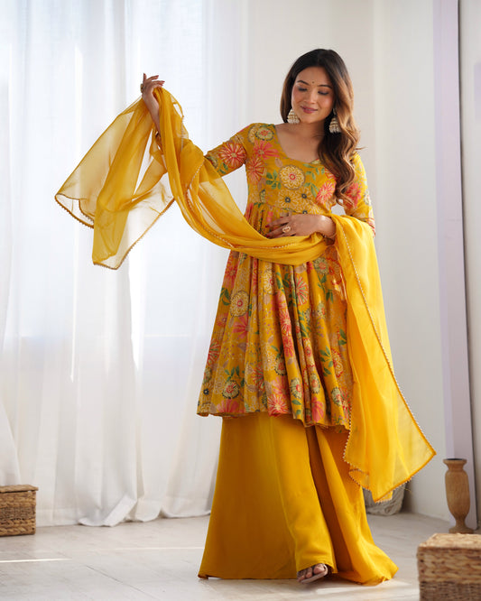 Haldi Special Wear Yellow Color Heavy Pure Soft Roman Silk Chanderi Designer Palazzo Suit