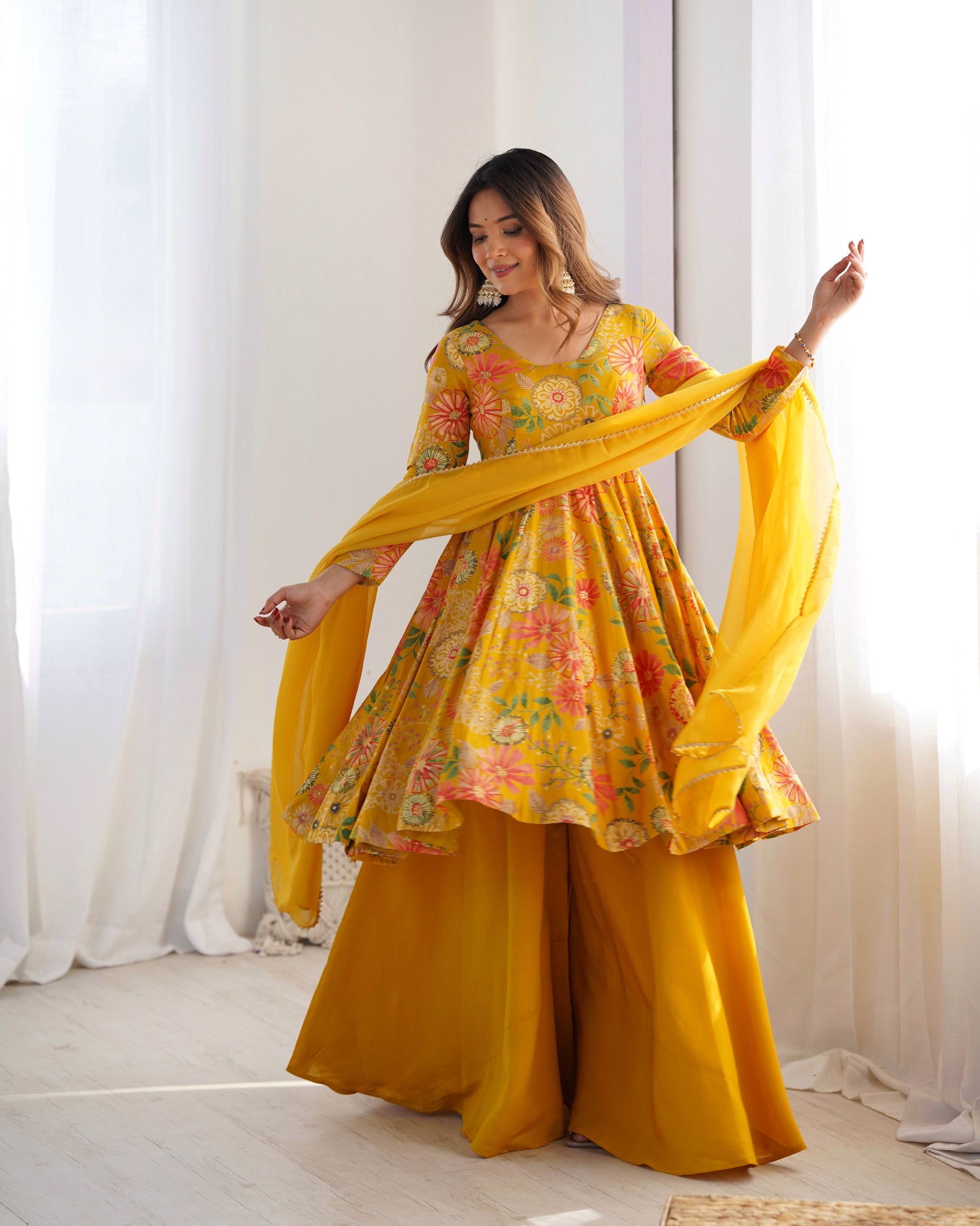 Haldi Special Wear Yellow Color Heavy Pure Soft Roman Silk Chanderi Designer Palazzo Suit