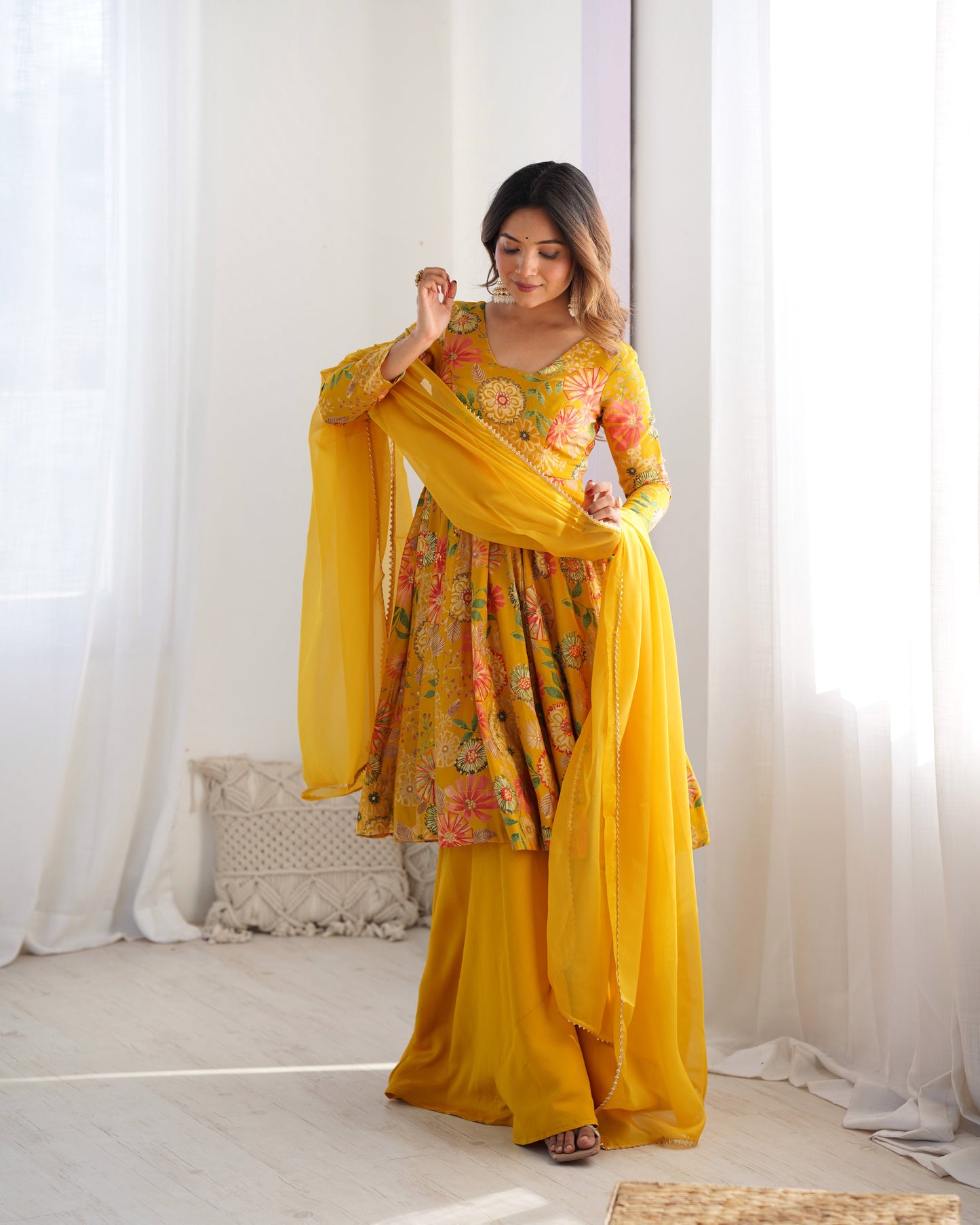 Haldi Special Wear Yellow Color Heavy Pure Soft Roman Silk Chanderi Designer Palazzo Suit