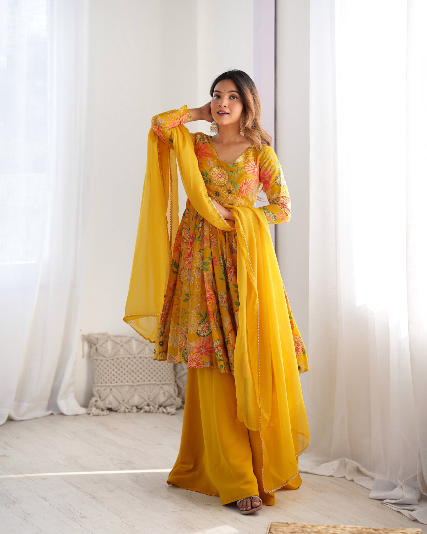 Haldi Special Wear Yellow Color Heavy Pure Soft Roman Silk Chanderi Designer Palazzo Suit