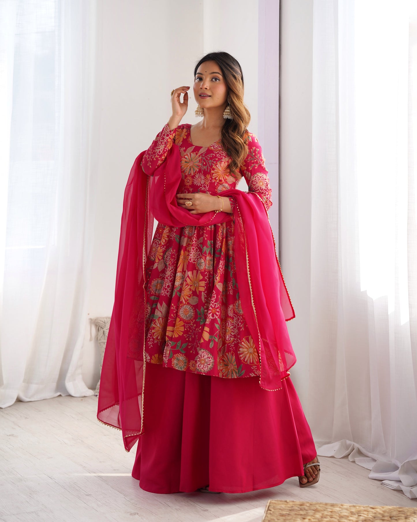 Fabulous Pink Color Heavy Pure Soft Roman Silk Chanderi Designer Palazzo Suit
